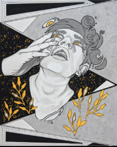 ink and gouache painting of a crying figure with their hand to their face looking up at a staring eye. The image is adorned with yellow flowers