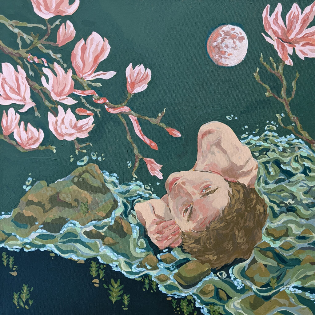 painted self portrait of lex r thomas with short brown hair looking up as waves crash over them with a pink snake and magnolias overhead